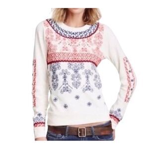 Lucky Lotus Embroidered Boho Crewneck Pullover Sweatshirt Fair Isle Size Large